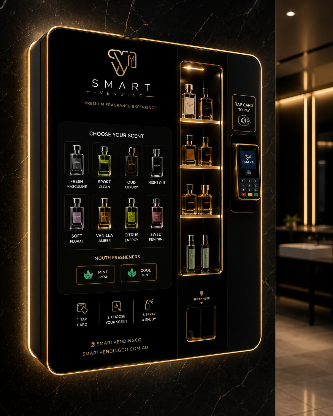 Smart Vending machine installed in luxury venue restroom - touchscreen scent selection, perfume bottles on display, tap card payment