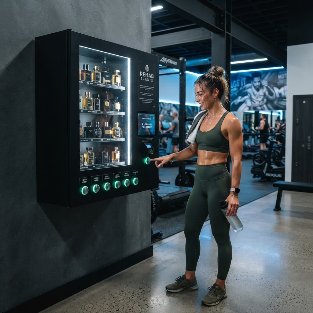 Smart Vending perfume machine installed in a premium gym - members refreshing with designer scents after a workout