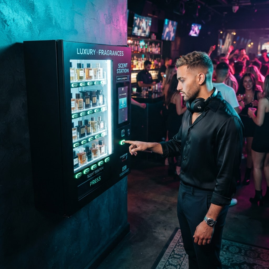 Smart Vending perfume machine in a stylish nightclub with neon lighting and guests refreshing before the dance floor